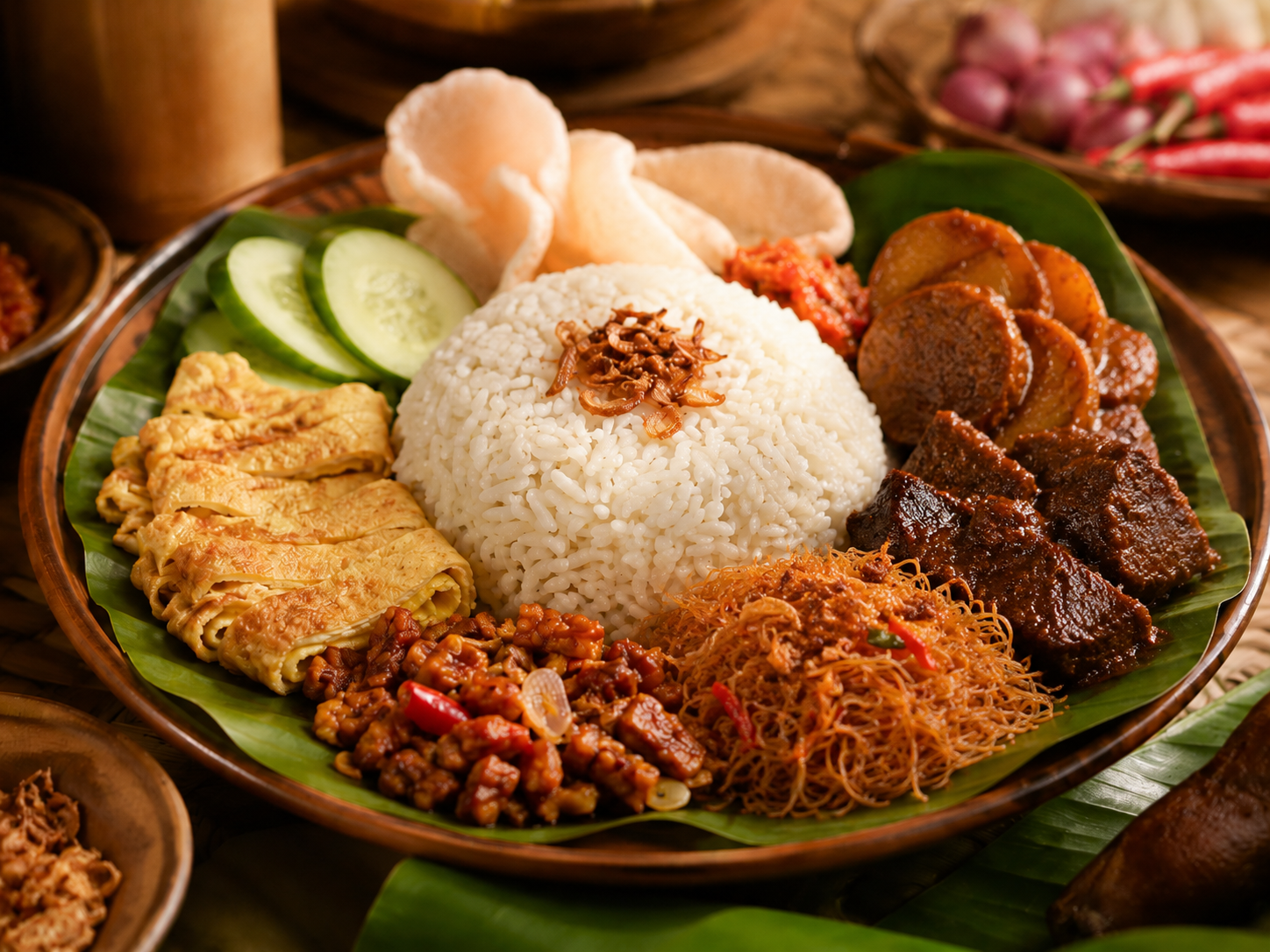Nasi uduk Betawi Bekasi dengan lauk semur jengkol, bihun, sambal, dan semur daging