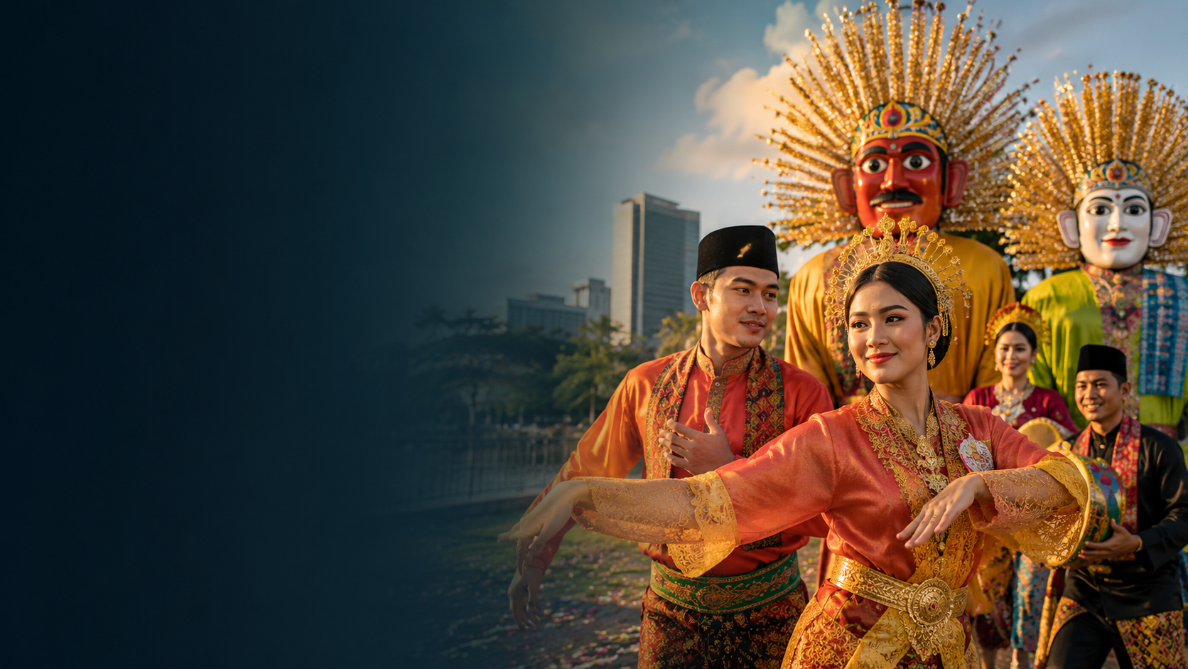 Kolase budaya Betawi Bekasi dengan Ondel-Ondel dan suasana kota