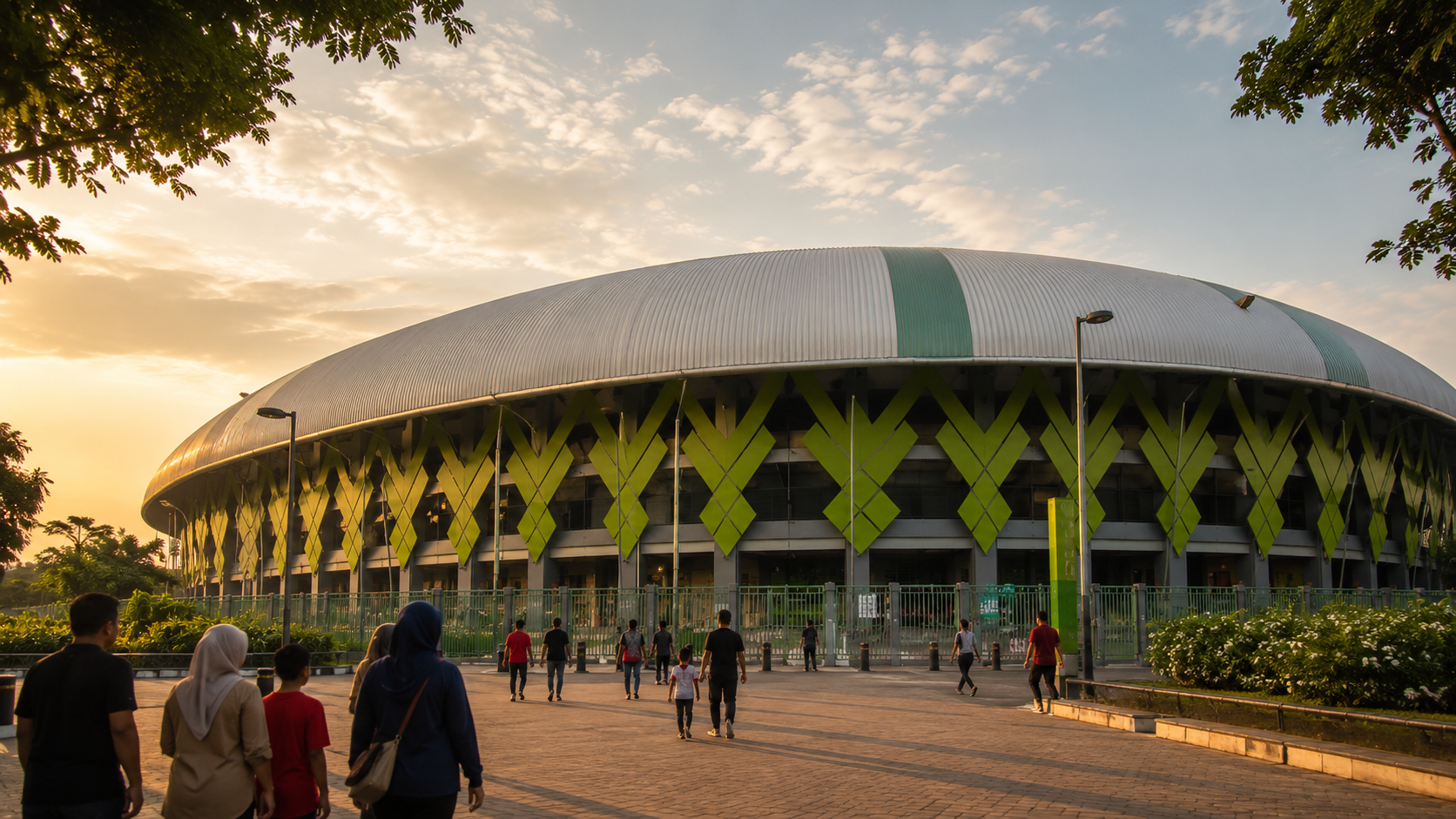 Stadion Patriot Candrabhaga Bekasi dengan suasana kota dan pengunjung